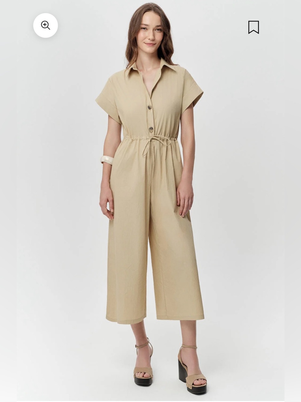 Beige Short-Sleeve Button-Front Cropped Jumpsuit with Drawstring Waist